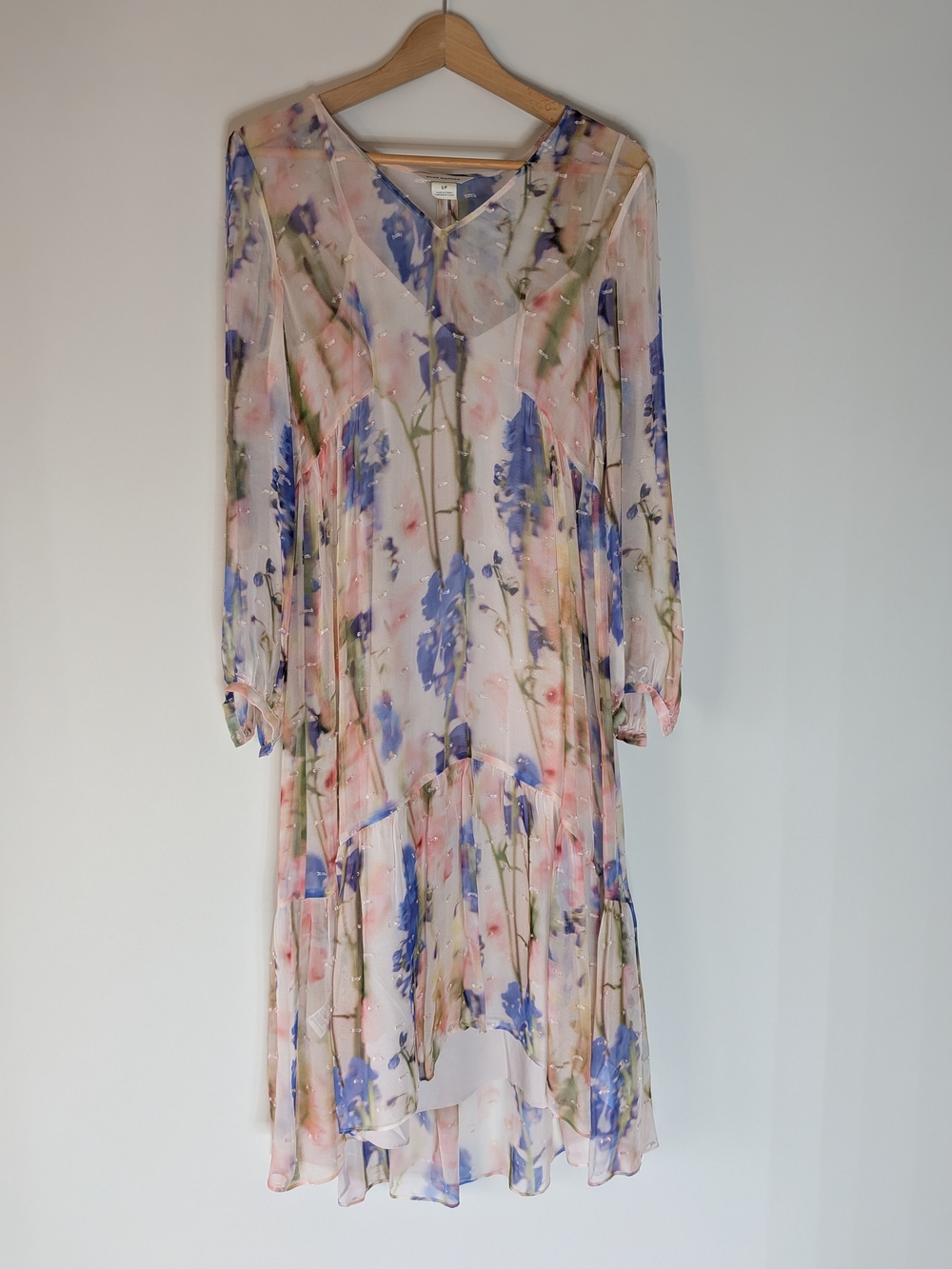 Club Monaco Pink Floral Long-Sleeve Chiffon Midi Dress with Blue Accents